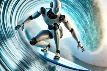 A humanoid robot with a sleek, metallic body is surfing inside a wave pipeline. The robot is crouched low on a streamlined surfboard, with its arms spread wide for balance. The powerful wave curls over the robot, with shades of blue and white foam creating a dynamic, energetic scene. Sunlight reflects off the robot's futuristic design, highlighting the intensity of the moment.