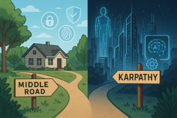 llustration of a fork in the road with one sign pointing to “Karpathy” leading to a futuristic AI city, and the other to “Middle Road” leading to a secure home, symbolizing two approaches to digital safety.