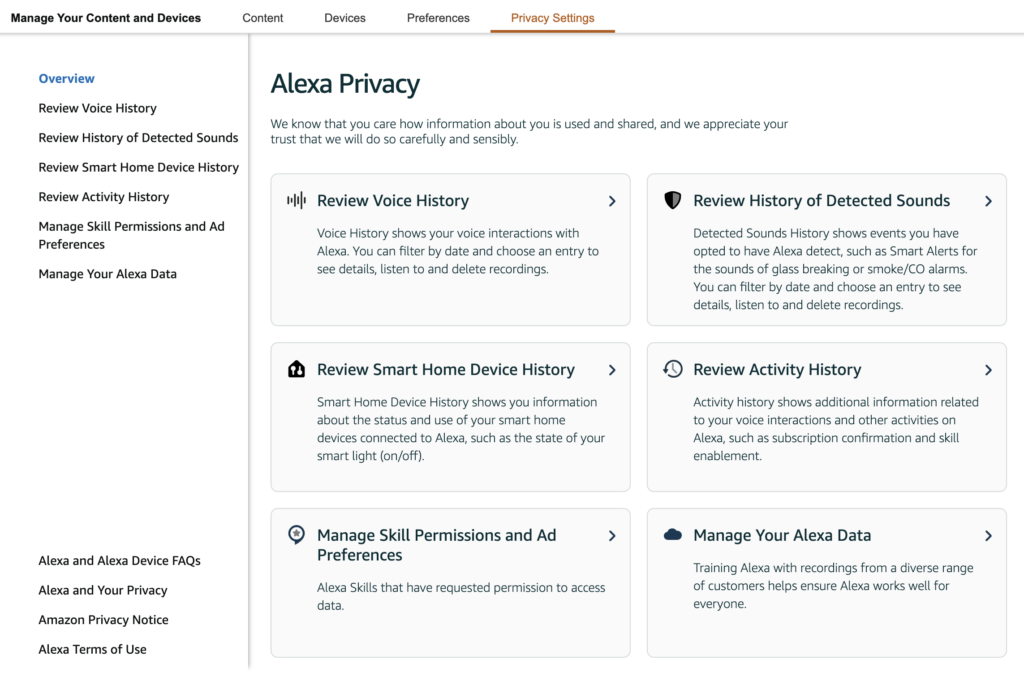 Screenshot 2025-03-07 at 06.33.36 A screenshot of the Alexa Privacy settings page, displaying various options for managing privacy and data. Sections include 'Review Voice History,' 'Review History of Detected Sounds,' 'Review Smart Home Device History,' 'Review Activity History,' 'Manage Skill Permissions and Ad Preferences,' and 'Manage Your Alexa Data.' The left sidebar provides navigation links for privacy-related settings, including an overview and additional privacy resources.