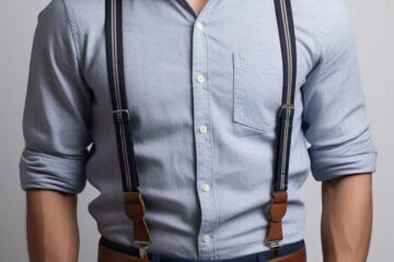 The image shows the torso and partial upper body of a person wearing a light blue button-up shirt with rolled-up sleeves. They are wearing navy blue suspenders with brown leather details attached to navy blue dress pants. A brown leather belt is visible at the waist. The photo is cropped at the upper chest, not showing the person's full face, and has a professional, fashion-forward styling. The image has a watermark reading "Meta AI" in the bottom right corner, indicating it was likely generated by AI.
