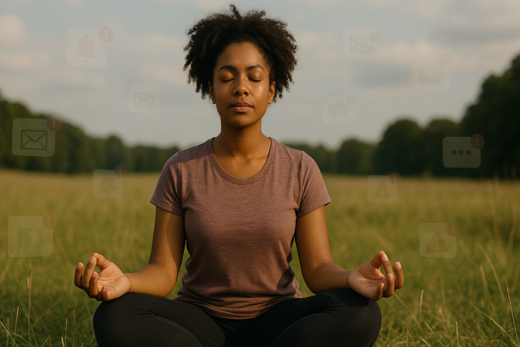 Woman meditating in a field with smartphone notification icons around her, symbolizing mindful notifications management and digital focus.