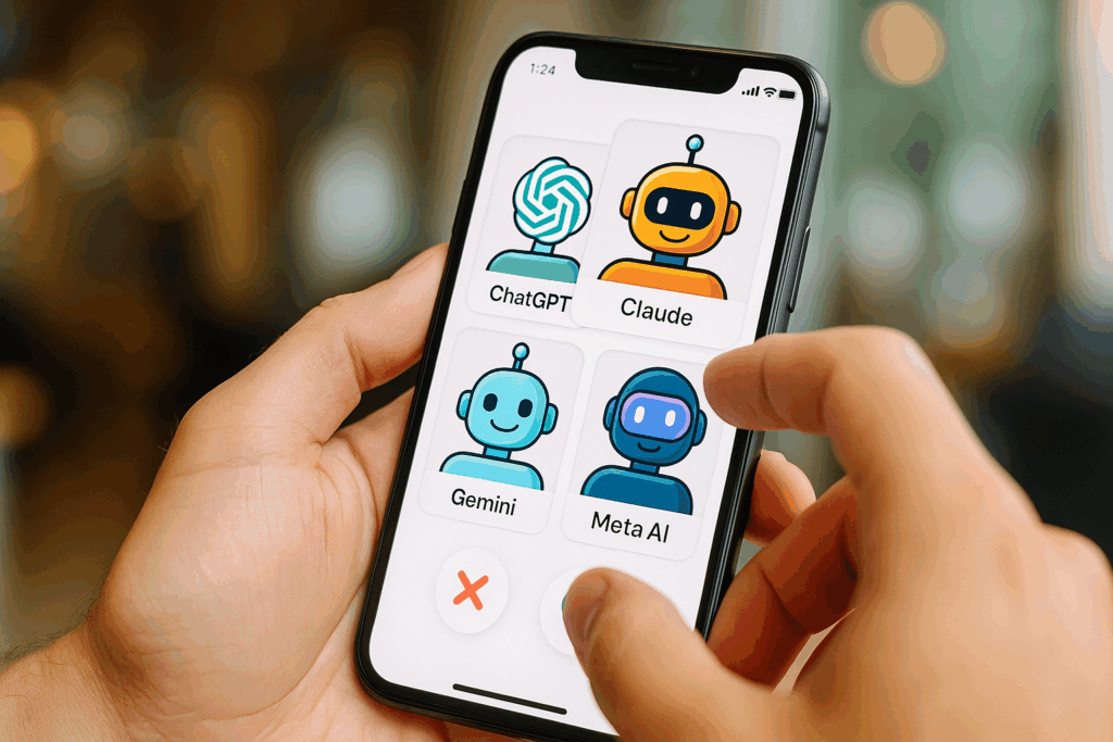 A person swiping through AI profiles on a smartphone, choosing between ChatGPT, Claude, Gemini, and Meta AI, symbolizing a polyamorous AI life.