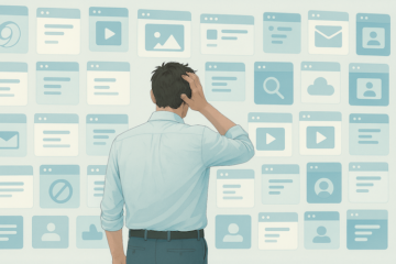 A man standing in front of a wall of overlapping digital windows and app icons, looking confused and overwhelmed, symbolizing tech debt and digital clutter.