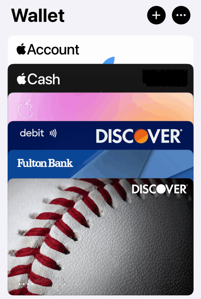 Apple Wallet showing multiple payment cards ready for mobile pay setup in 60 seconds.
