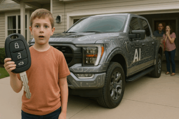 A concerned boy holding an oversized car key stands in front of a futuristic AI-marked pickup truck, as shocked parents look on in the background.