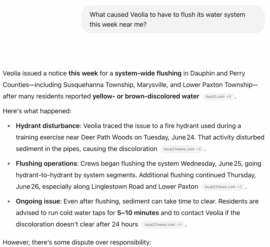 ChatGPT response to the same Veolia water flushing query, listing specific causes, timelines, and linked sources.