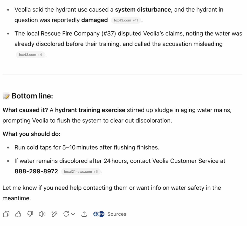 ChatGPT response with a bulleted summary of the flushing cause, resident instructions, and emergency contact info for Veolia, including cited sources.