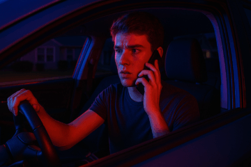 AI-generated image of a teenage driver holding a phone behind the wheel, lit by red and blue lights, illustrating distracted driving in Pennsylvania.