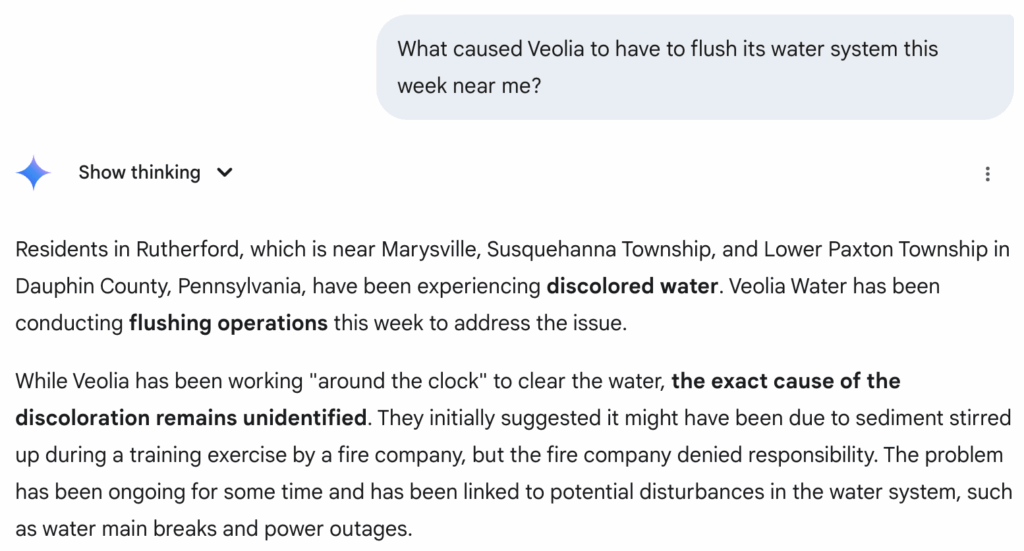 Google Gemini response to a query about Veolia water flushing, showing no source citations and a generic summary about discolored water in Pennsylvania.