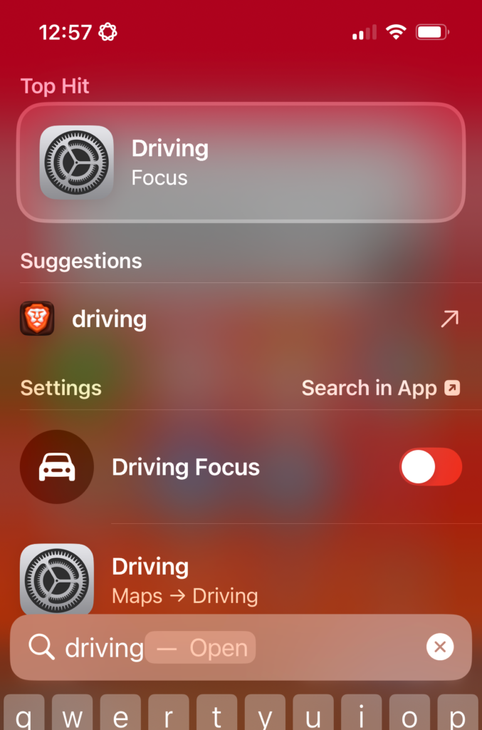 Screenshot showing how to search for and access Driving Focus settings on an iPhone to help comply with Pennsylvania’s hands-free driving law.