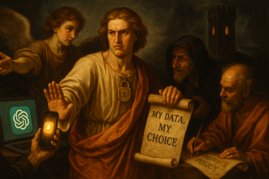 Classical-style painting of a determined figure holding a scroll that reads “My Data. My Choice,” symbolizing control over personal data, with a lock around their neck and a GPT logo in the background—representing a privacy assistant protecting user data.