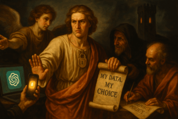 Classical-style painting of a determined figure holding a scroll that reads “My Data. My Choice,” symbolizing control over personal data, with a lock around their neck and a GPT logo in the background—representing a privacy assistant protecting user data.