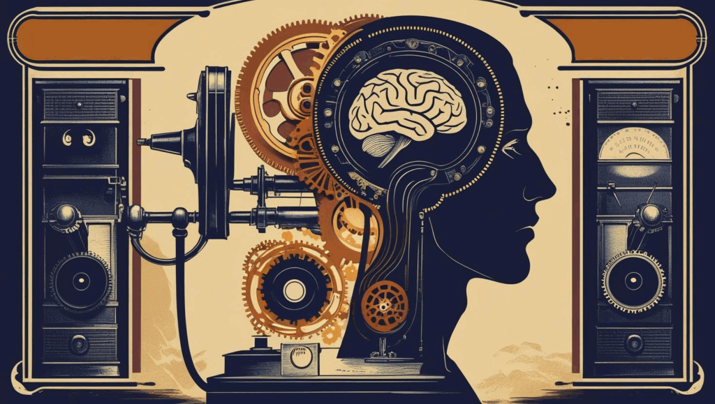 Sepia-toned WWI–style propaganda poster of a human head silhouette; its brain cavity is filled with interlocking gears that mesh into an old-fashioned telegraph machine.
