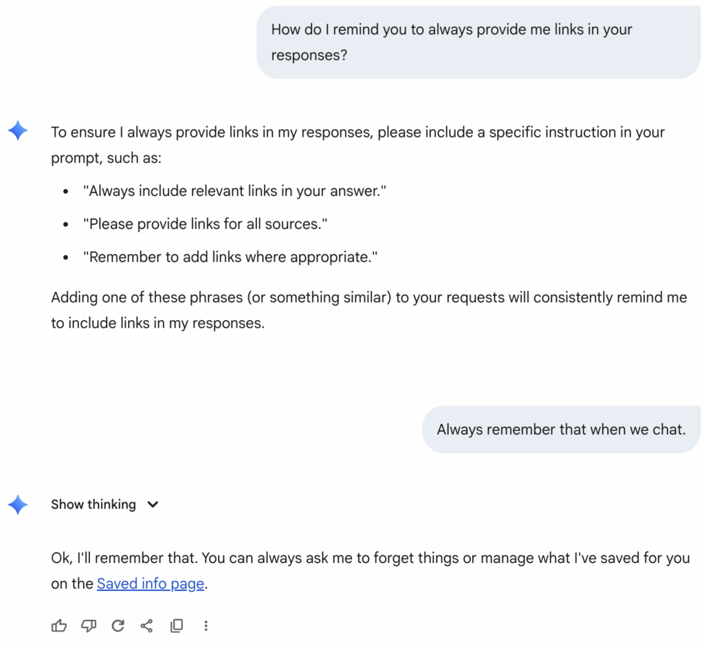 Screenshot of a chat with Google Gemini: the user asks, ‘How do I remind you to always provide links in your responses?’ and Gemini replies with suggested prompt phrases to include links consistently.
