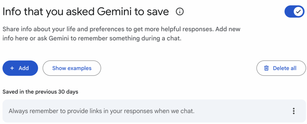 Screenshot of Gemini’s ‘Info that you asked Gemini to save’ settings page showing the user’s saved preference: ‘Always remember to provide links in your responses when we chat.’