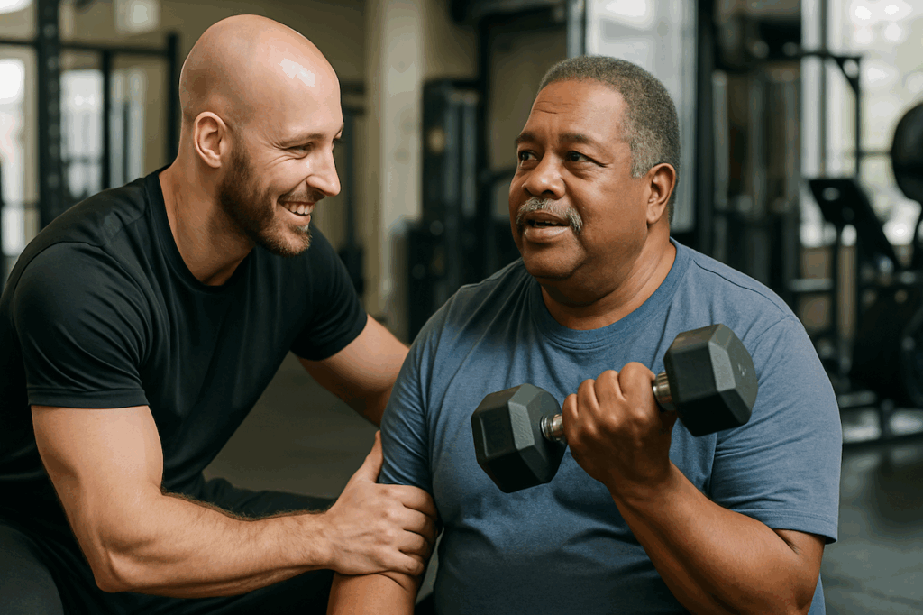 A fitness coach guiding a man lifting weights, symbolizing how an AI Trainer provides personalized support to build AI skills