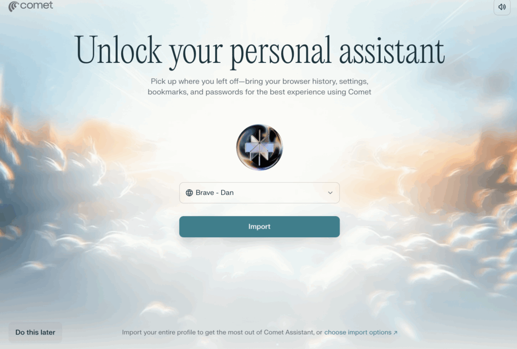 Screenshot of Comet browser setup screen prompting user to import browser history, settings, bookmarks, and passwords for personalized experience.
