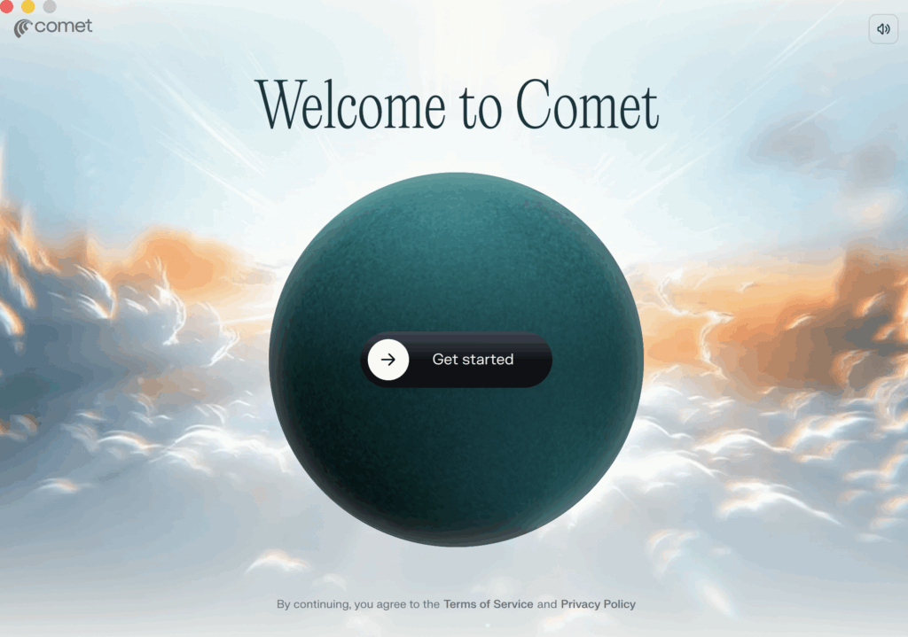Screenshot of Comet browser welcome screen with a “Get started” button, styled with dramatic clouds and soft lighting to visually downplay privacy disclosures.