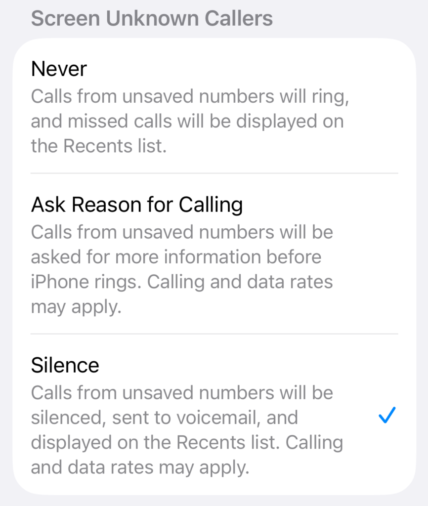 iPhone Screen Unknown Callers settings with options to silence calls from unsaved numbers—an effective tactic to avoid sophisticated scams.