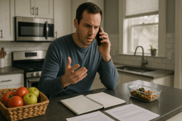 Concerned man on the phone in his kitchen, reacting to a suspicious call during Sunday meal planning—illustrating the risk of phone scams.