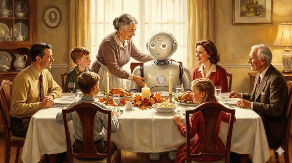Norman Rockwell-style painting showing a robot seated at a Thanksgiving dinner table with a multi-generational family celebrating together
