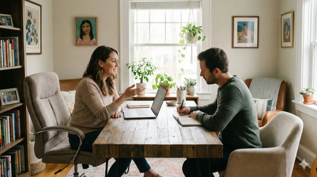 Two people in one-on-one AI training session at home office table with laptop and notebook