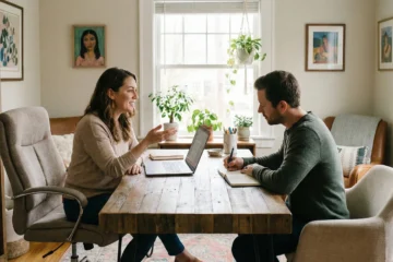 Two people in one-on-one AI training session at home office table with laptop and notebook