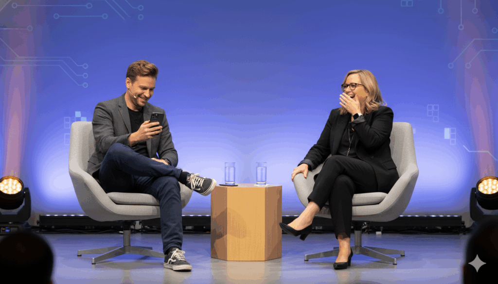 Tech speaker reading a phone prompt on stage while interviewer laughs, highlighting the humorous side of AI conversations.