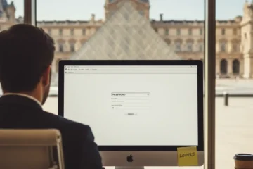 Person at computer with weak password on Post-it note at Louvre Museum office with pyramid visible through window