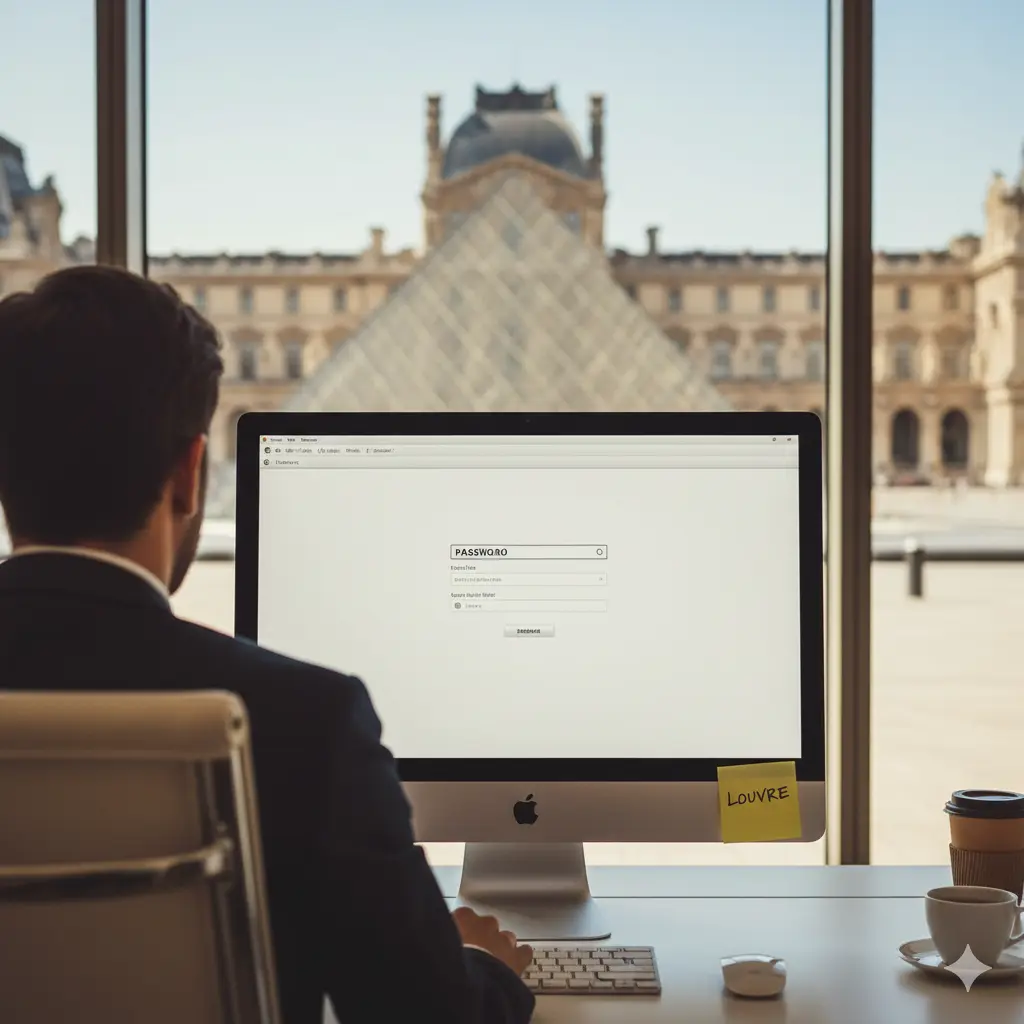 Person at computer with weak password on Post-it note at Louvre Museum office with pyramid visible through window