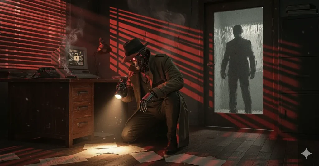 Film noir style illustration showing detective examining AI data with magnifying glass representing verification and privacy protection