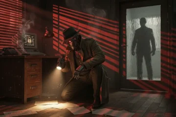 Film noir style illustration showing detective examining AI data with magnifying glass representing verification and privacy protection