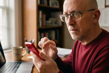 Dan Christ pauses while checking his smartphone in his home office, demonstrating the moment he used Bitwarden password manager to verify and stop an email scam. AI-generated image by Gemini.