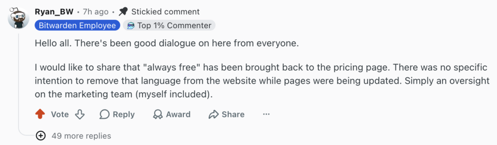 Stickied Reddit comment from Bitwarden employee Ryan_BW explaining that "always free" was restored to the pricing page and its removal was a marketing oversight