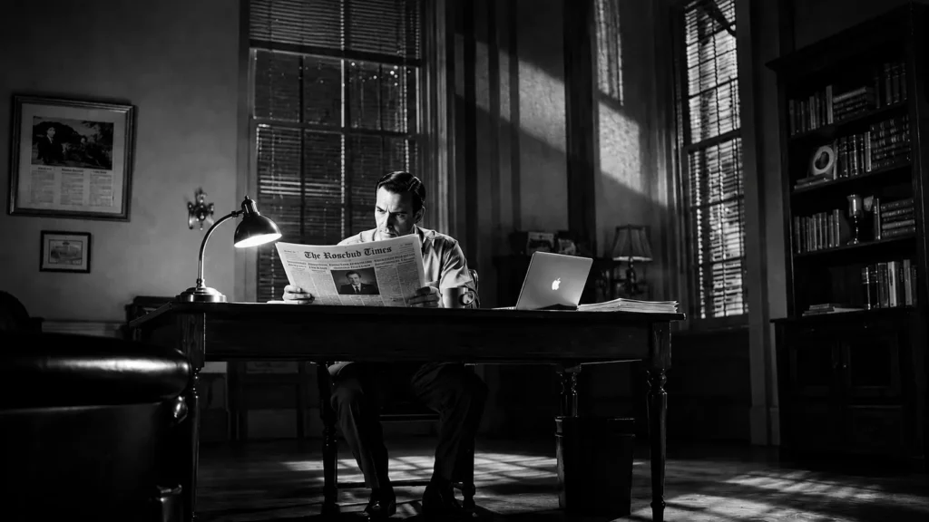 Man in cinematic black-and-white office reads The Rosebud Times newspaper beside a glowing laptop, evoking Citizen Kane while reviewing news about Bitwarden's free plan
