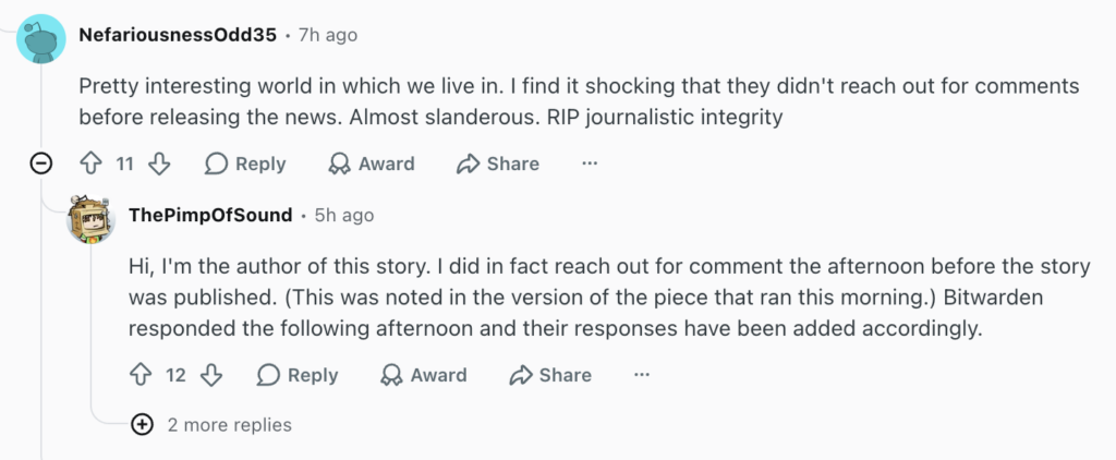 Reddit thread where the FastCompany article's author responds directly to a commenter, clarifying he did reach out to Bitwarden for comment before publishing