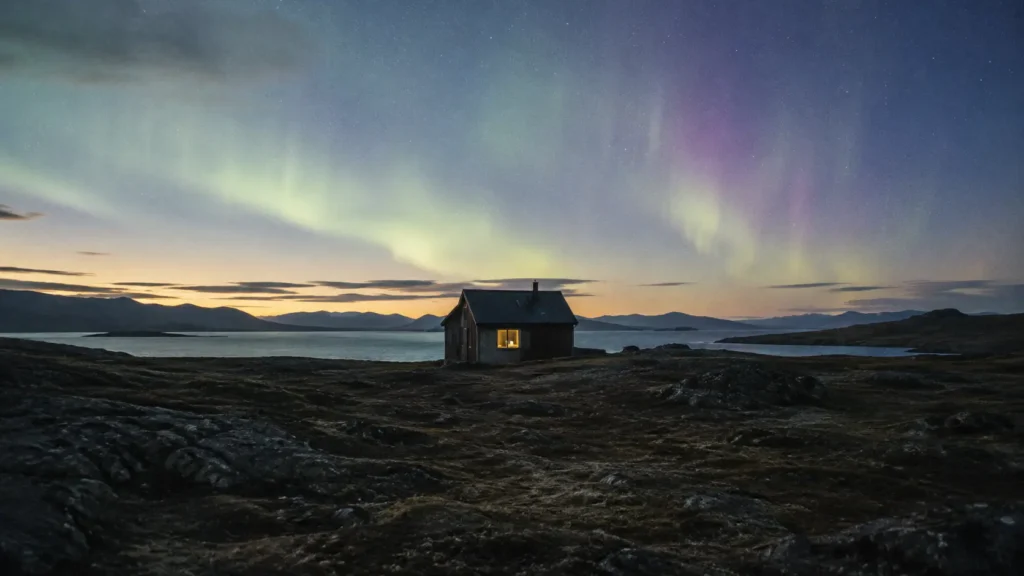 Local Hero-inspired lone research cabin glowing under the aurora, laptop light barely visible in the window — a quiet AI chatbot built to say "I don't know"