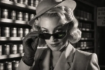 Film noir style woman in 1940s grocery store lowering dark sunglasses with a faint green screen reflection in the lens, evoking Double Indemnity and the question of whose voice is really writing