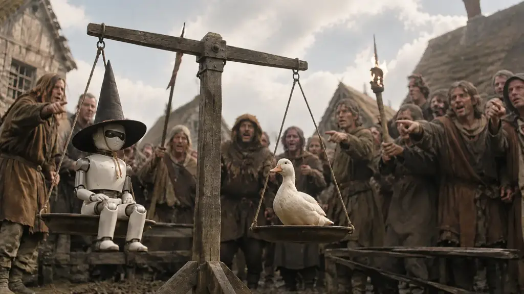 Humanoid robot in a black conical witch hat balanced on a medieval scale against a duck, surrounded by an accusing mob, symbolizing flawed AI detection logic