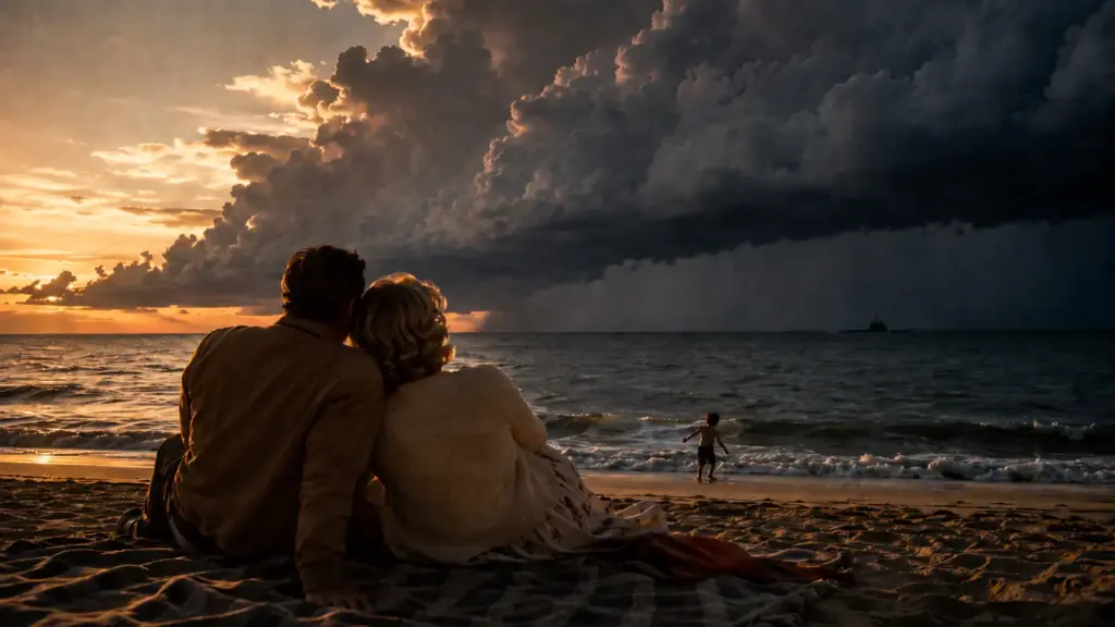 Family huddled together on a beach watching a dark storm gather on the horizon, symbolizing the open weight AI models debate raging while life goes on