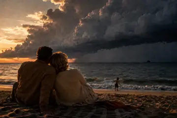 Family huddled together on a beach watching a dark storm gather on the horizon, symbolizing the open weight AI models debate raging while life goes on