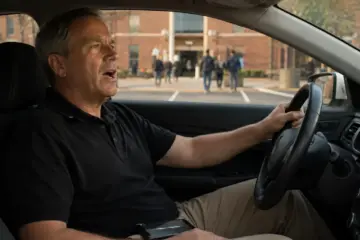 Man in a black polo shirt behind the wheel of a parked car, rehearsing his elevator pitch out loud before walking into a Chamber of Commerce networking event.