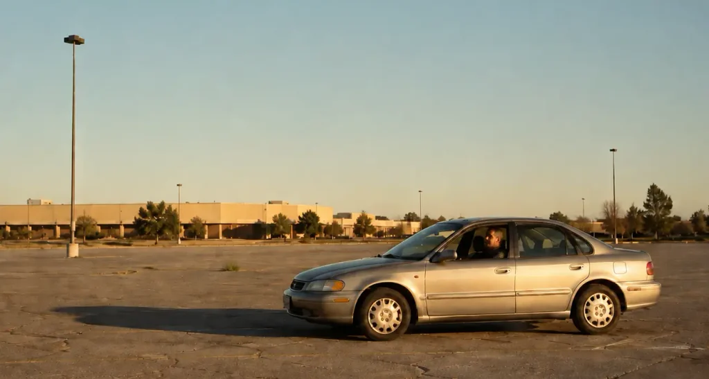 Man alone in a parked car in an empty office park lot at sunset, recording an AI meeting debrief on his phone before driving away