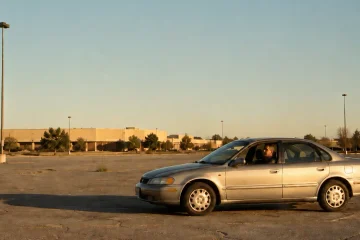 Man alone in a parked car in an empty office park lot at sunset, recording an AI meeting debrief on his phone before driving away