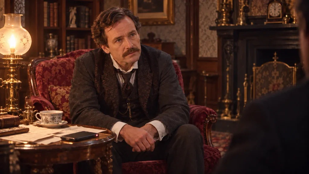 A Victorian sitting room lit by gaslight, in the style of The Private Life of Sherlock Holmes. A detective leans forward listening intently to an unseen visitor, a smartphone recording on the table beside him — an image about AI consulting and the problem nobody reports. Image generated with ChatGPT.