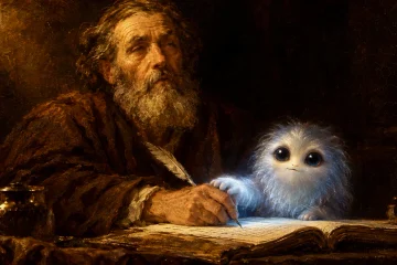 Rembrandt-style oil painting of an older bearded man writing at a desk while a glowing fuzzy AI creature, standing in for Meta Muse, rests its paw on his hand and steers his quill. Image generated with ChatGPT.