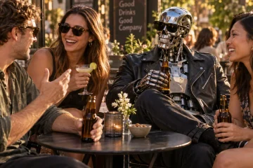 A synthetic humanoid robot with an exposed chrome endoskeleton skull sits at an outdoor café table with three friends at a sunny happy hour, wearing sunglasses and a leather jacket, holding a beer. Image generated with ChatGPT.