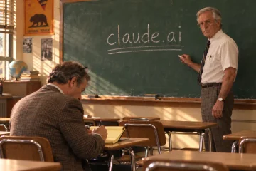 A stern teacher in a 1980s California classroom stands beside a chalkboard reading claude.ai while an adult student takes notes, a Fast Times at Ridgemont High homage for a Claude AI beginner guide. Image generated with ChatGPT.