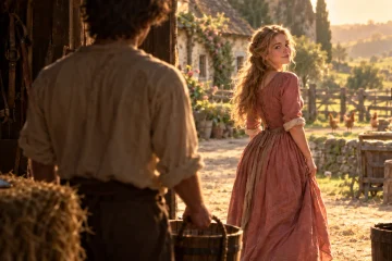Over-the-shoulder view of a farmhand holding a wooden water bucket as a young woman in a rose dress walks away across a sunlit farmyard, a Princess Bride nod to how you can automate tasks with AI. Image generated with ChatGPT.