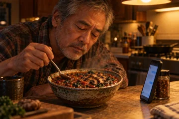 A Tampopo homage: an older man savors a bowl of vegetarian chili with grilled portobellos while a smartphone waits nearby, a reminder of how much to trust AI. Image generated with ChatGPT.